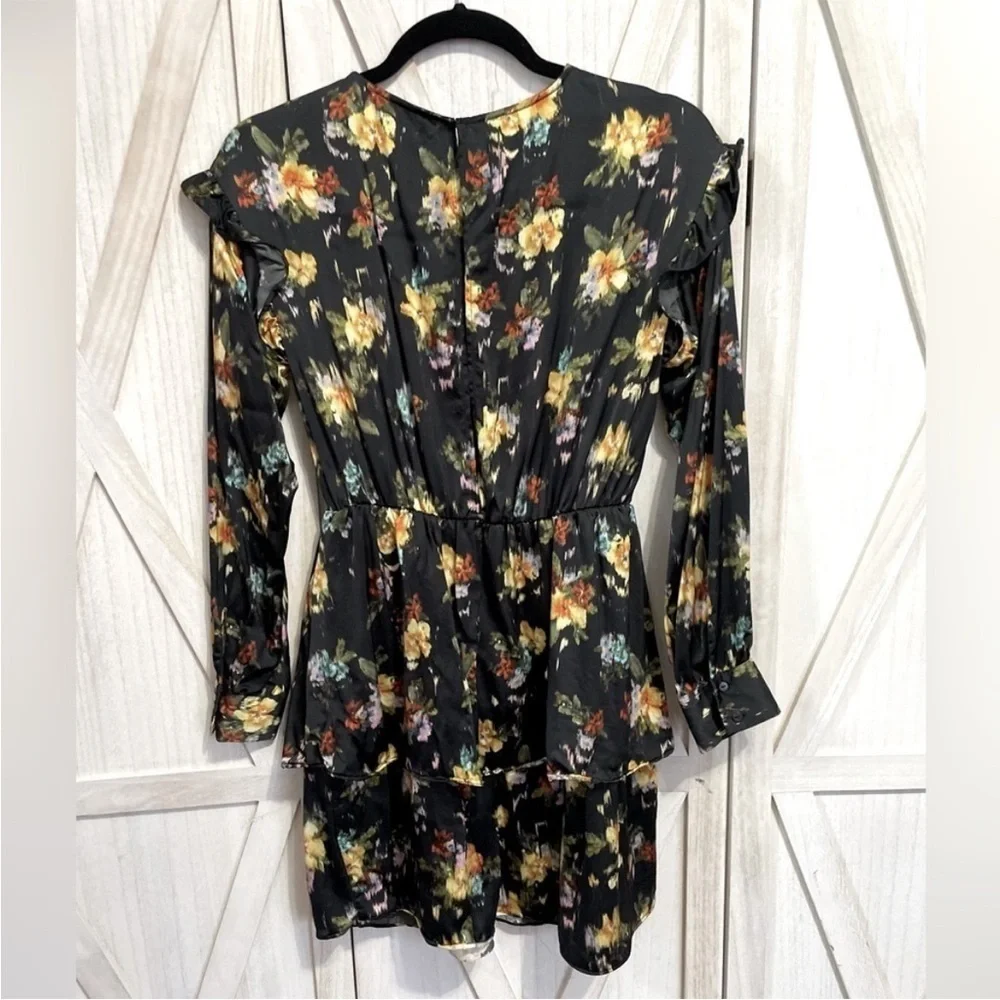 Zara Black Floral Ruffle‎ Mini Long Sleeves Dress Size XS - Picture 4 of 16